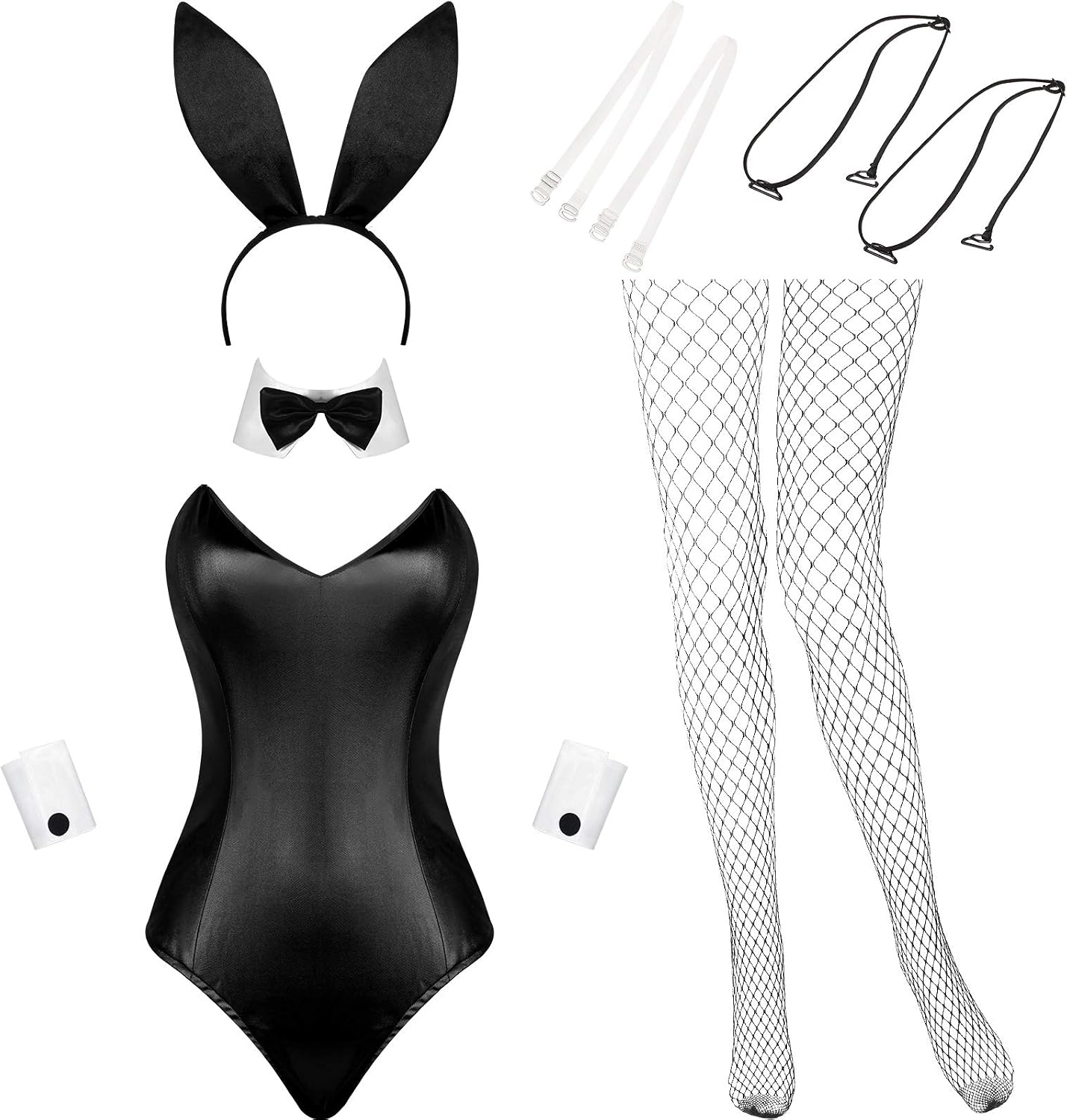 Geyoga Anime Women Bunny Costume Bunny Outfit Halloween Cosplay Bodysuit Role Costume Bunny Headband Stocking Set(Large,White and Black)