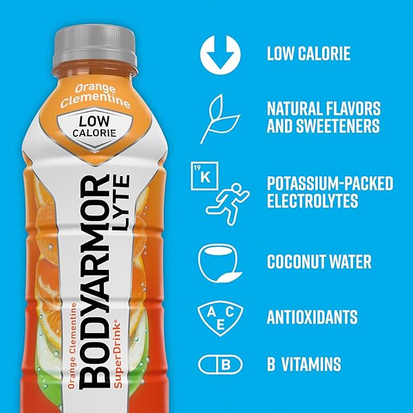 BODYARMOR LYTE SPORTS DRINK LOW-CALORIE SPORTS BEVERAGE, ORANGE CLEMENTINE – ORANGE CITRUS, COCONUT WATER HYDRATION, NATURAL FLAVORS WITH VITAMINS, POTASSIUM-PACKED ELECTROLYTES, PERFECT FOR ATHLETES, 16 FL OZ (PACK OF 12)