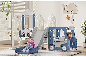 BIERUM Toddler Slide for Toddlers Age 1-3 with Basketball Hoop and Swing, Baby Slide for Kids Ideal Gift, Indoor Outdoor Backyard Playground Blue Gray