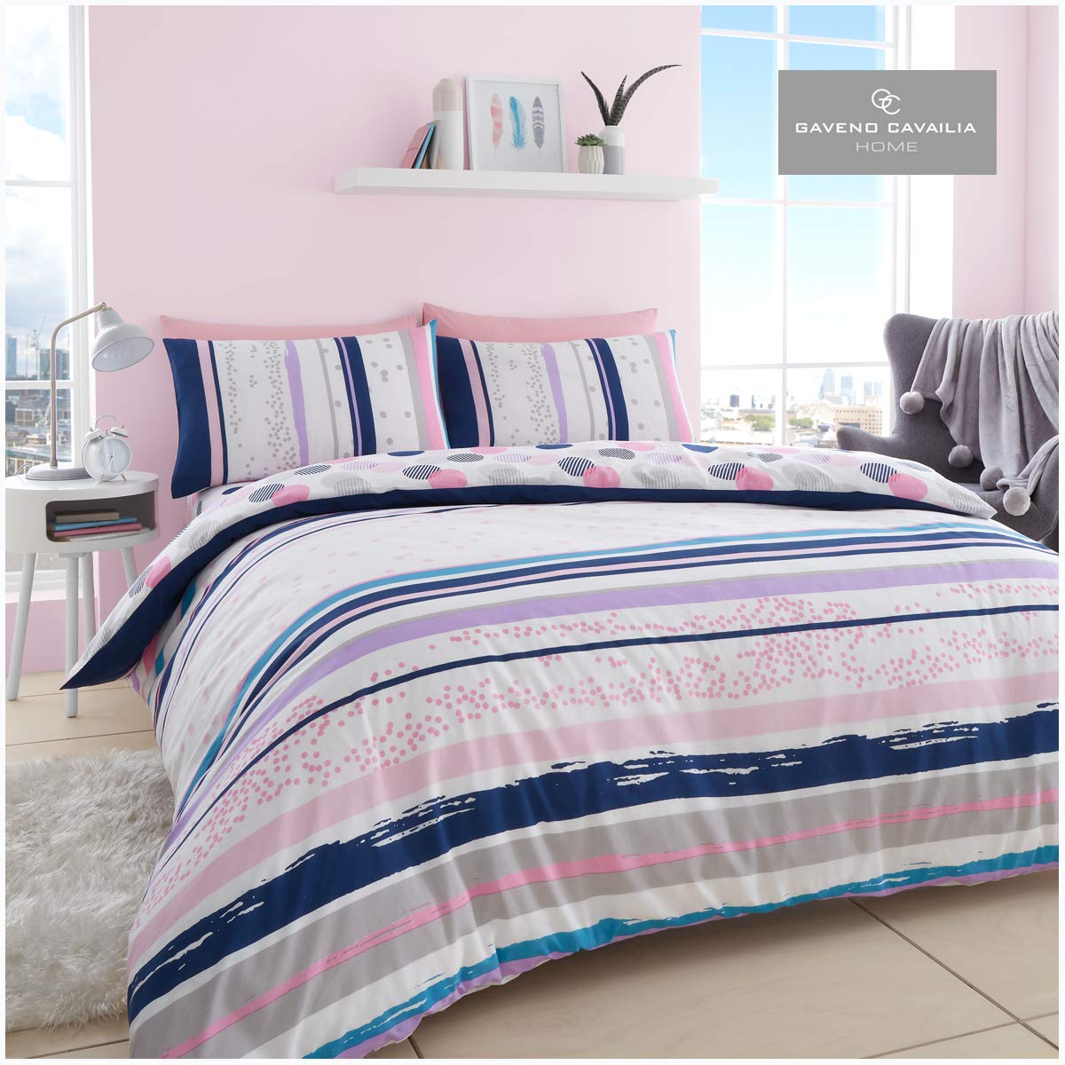 GC GAVENO CAVAILIA Luxurious Earle Bed Set with Duvet Cover and Pillow Case, Polyester-Cotton, [King-Pink]