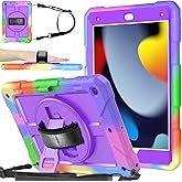 BMOUO for iPad 9th/8th/7th Generation Case 10.2", Shockproof 360 Rotating Stand Shoulder Hand Strap iPad 9th/8th/7th Generation Case with Pencil Holder for iPad 10.2 inch 2021/2020/201 - Purple
