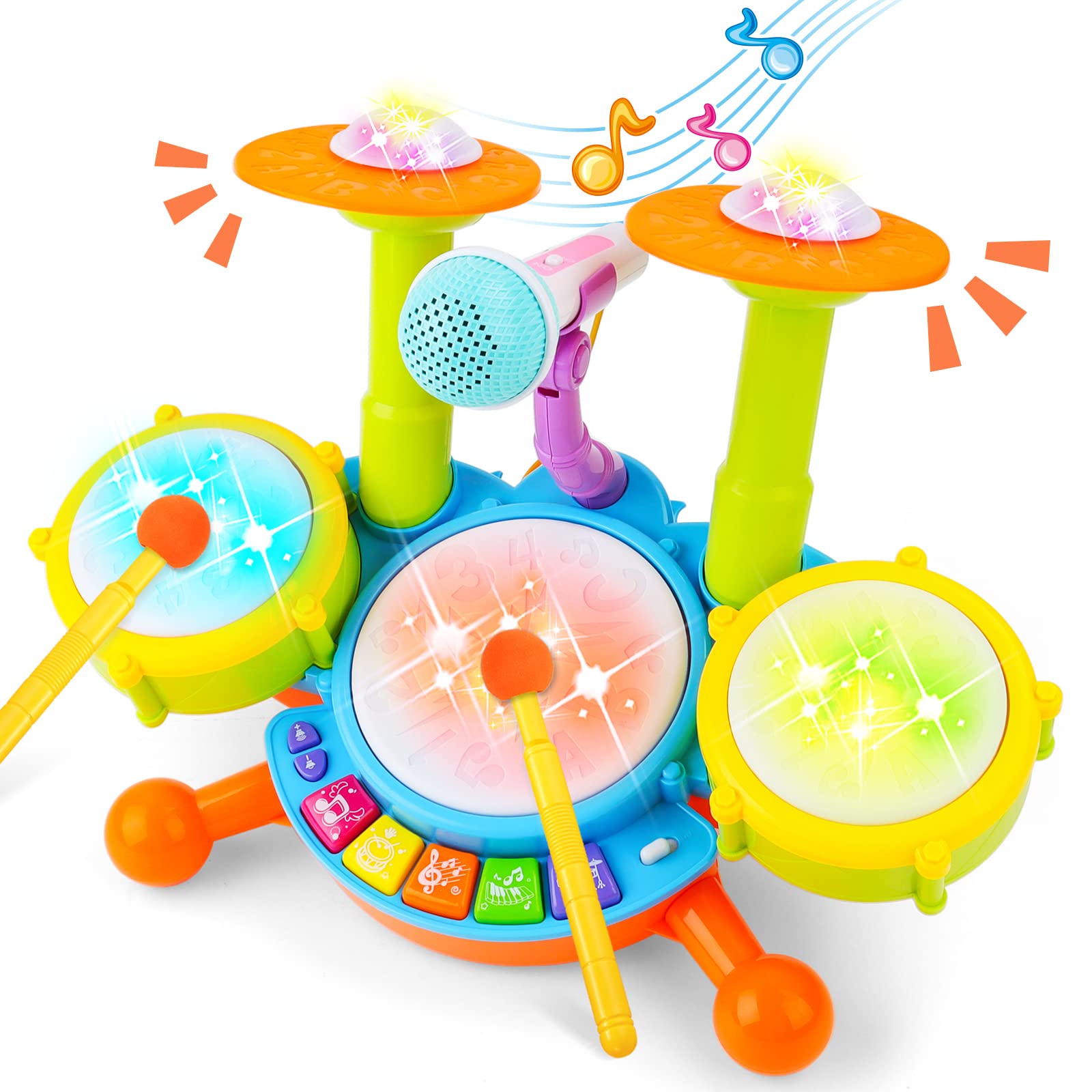 deAO Kids Drum Kit with LED Lights & Sound Effects, Drum Set Toys for Toddlers with Sticks, Microphone and Learning Modes, Interactive Musical Instruments for 3+ Years Boys Girls