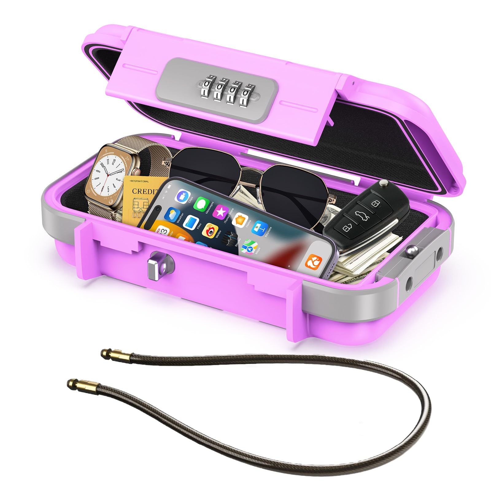 Photo 1 of LOFICOPER Portable Safe Box, Travel Safe Lock Box, Waterproof Beach Lock Box, Personal Security Case, with Combination Code, Detachable Steel Rope, for Travel, Beach, Hotel, Home, Office, Pink