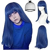 ANOGOL Hair Cap+ Purple Blue Bored Wig Long Straight Dark Blue Wigs with Bangs Blue Synthetic Wig for Women Costume Anime Outfit for Halloween Cosplay Party Costume Wigs Birthday Party Hair