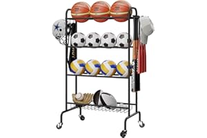 IBUYKE Basketball Rack, 4-Layers Rolling Ball Storage Rack with Wheels, Movable Garage Sports Equipment Storage Organizer for Basketball Football Soccer Volleyball Outdoor Indoor, Black TBL002B