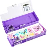 Butterfly Pencil Box for Girls with Calculator and Sharpener, School Gifts | School Supplies, Divided Storage for Pens Pencils Erasers and Rulers, Christmas Stocking Stuffers for Girls, Birthday Gifts