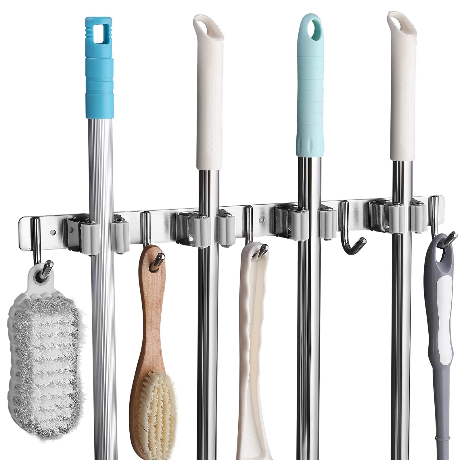 SHYOSUCCE Broom Mop Holder, Stainless Steel Broom Storage with 4 Racks and 5 Hooks, Wall Mounted Organizer for Kitchen, Bathroom, Garage and Garden, Gray