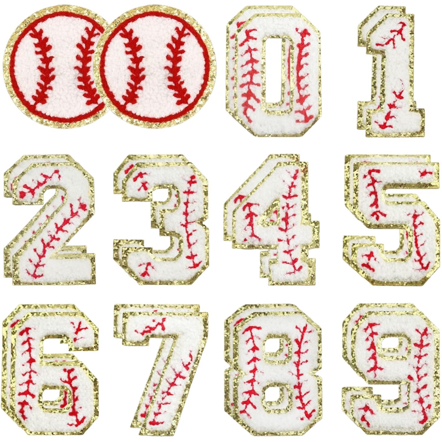 Photo 1 of 22Pcs Iron on Numbers Patches, Chenille Patches Gold Edges Baseball Iron on Patch Embroidered Applique for Jeans Bags Hat DIY Clothing Repair