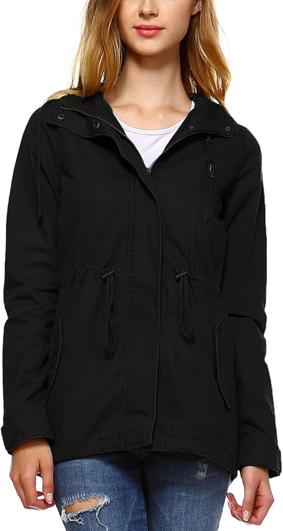 Fashionazzle Women's Hooded Waist Drawstring Cotton Military Jacket
