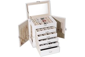BOOVO Jewelry Box For women, 6 Layer Large Jewelry Organizer With Mirror, Multi-Function Storage Box With Lock, Accessory Holder With 5 Drawers, For Earrings Necklace Ring Bracelet (White)
