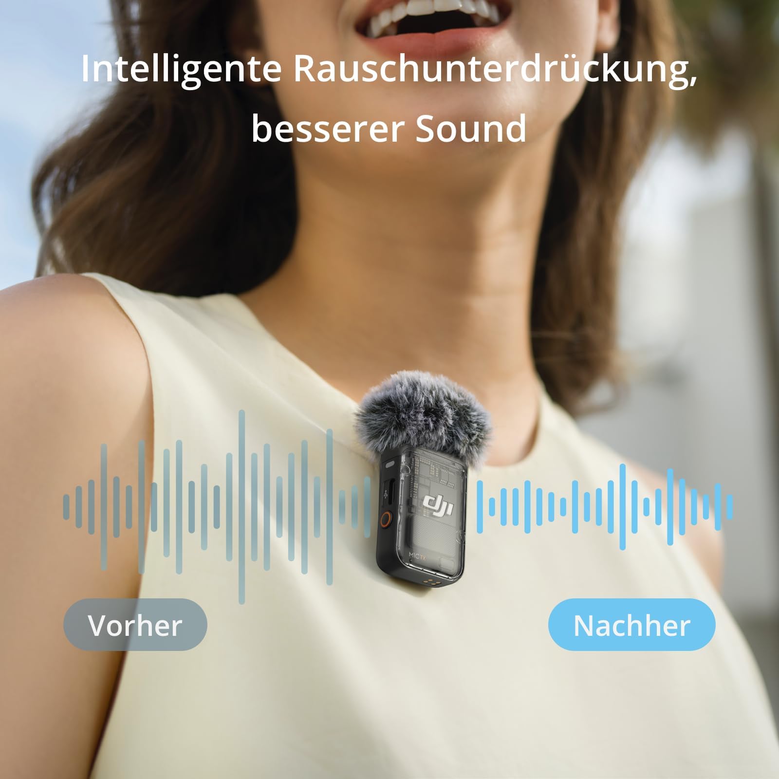 DJI Mic 2 (1 Sender + 1 Empfänger), kabelloses Mikrofon mit intelligenter Rauschunterdrückung, interne 32-Bit-Float-Aufnahme, optimierter Sound, 250 m Reichweite, Mikrofon für iPhone, Android 6