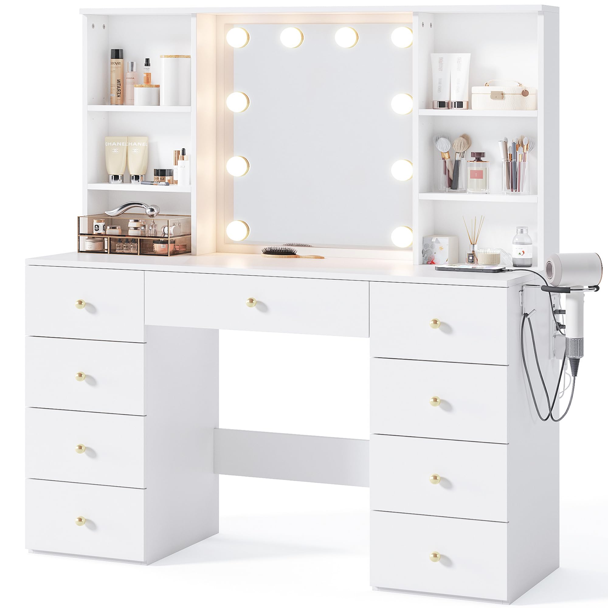 Photo 1 of LINSY HOME Vanity with Storage, White Makeup Vanity with Mirror and Lights, 47" Make Up Vanity Desk with Drawers, Shelves & Charging Station, Modern Large Vanity Table for Bedroom, Women, Girls