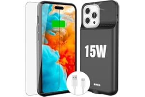 KKD 15W Fast Charging Case for iPhone 15 Pro Max/15 Plus,Real 8000mAh Smart Battery Charger Case with TPU Anti-Slip Design and Anti-Abrasion Flocking for iPhone 15 Pro Max/15 Plus-6.7inch Black