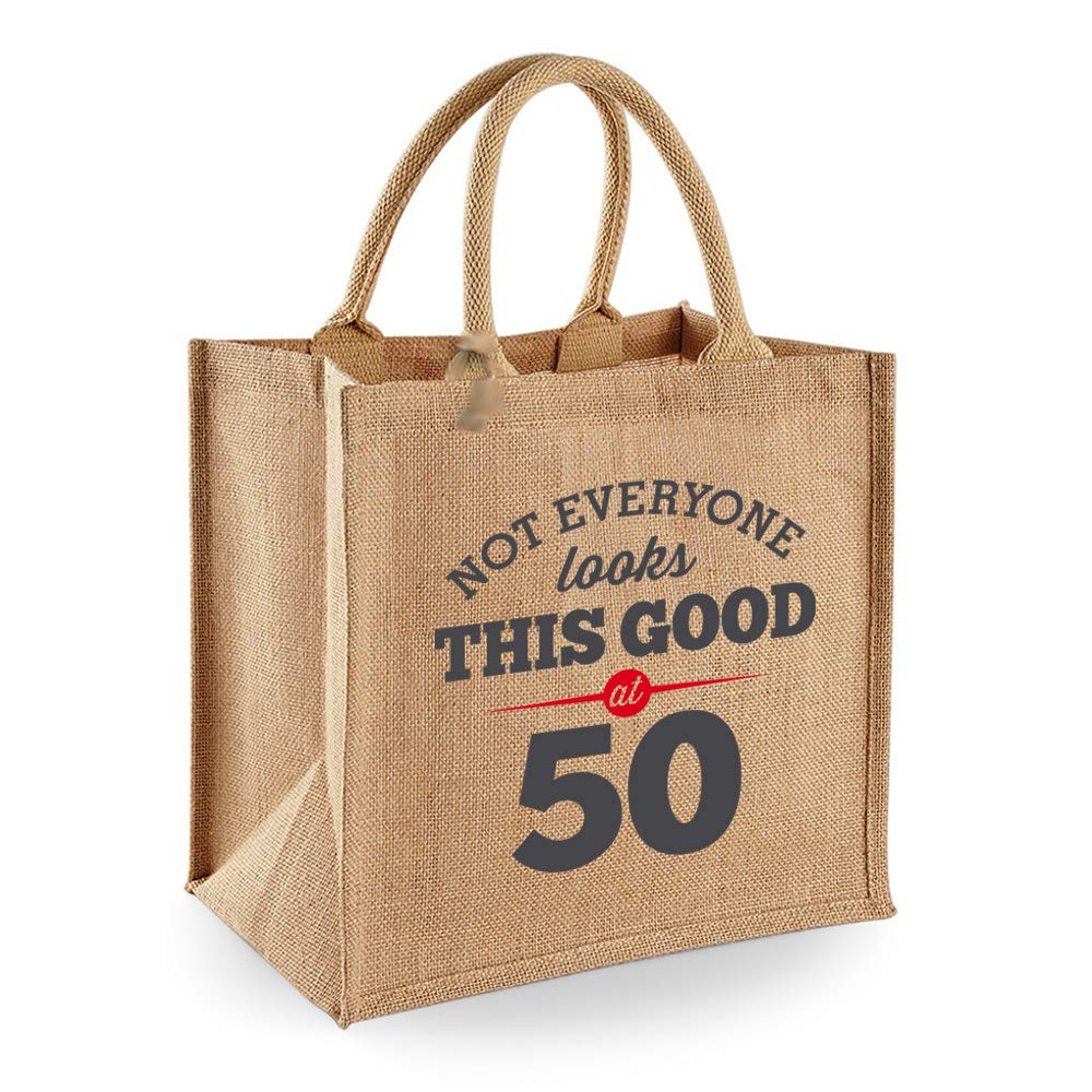50th Birthday Gift Bag Natural Jute 30 x 30 x 19cm, 14 litre Volume, Tote Present Keepsake (Grey Design)