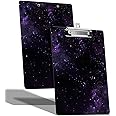 A4 Size Clipboard with Hanging Hook and Low Profile Clip, Plastic Nurse Clipboard Writing Drawing Board with Double-Sided Print for Office School Use, Purple Galaxy