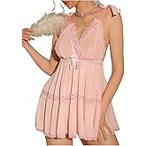 OYOANGLE Women's Babydoll Lingerie Bow Tie Shoulder Sheer Chemise Nightgowns Boudoir Outfits