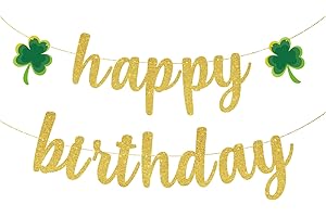 PHOTKEN St. Patrick's Day Happy Birthday Banner - Gold and Green Glitter Lucky Banner with Shamrock Pendants, Pre-Assembled, No DIY Required, Festive Indoor Outdoor Irish Themed Party Decorations