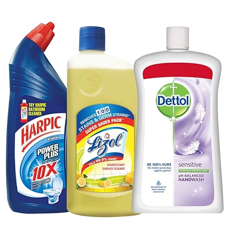 Harpic Household Cleaning Kit (Harpic-1 L (Original), Lizol-975 ml (Citrus), Dettol Hand Wash-900 ml (Sensitive))