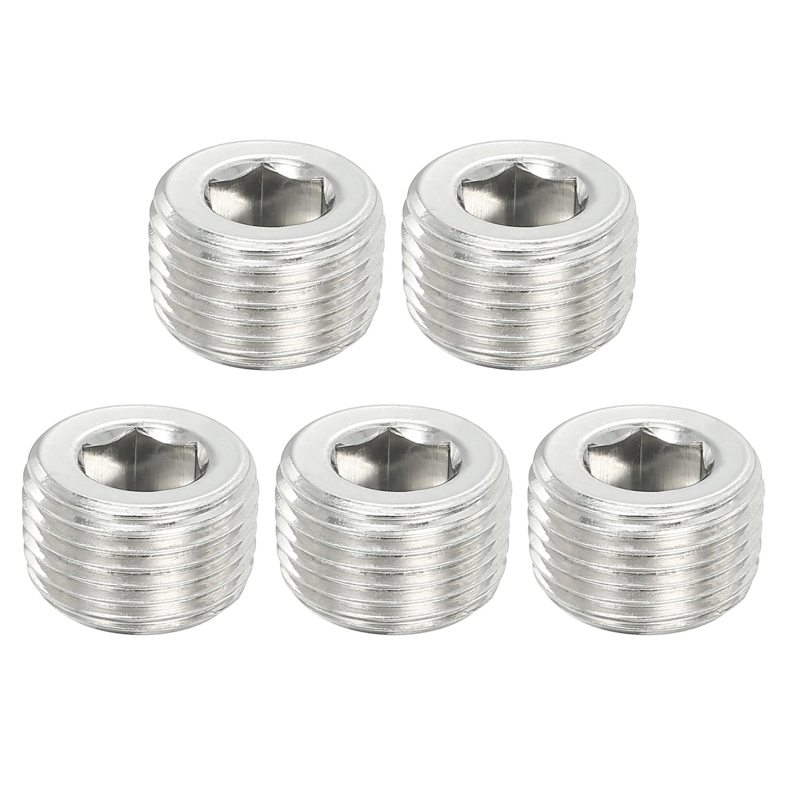 PATIKIL 3/8NPT Male Pipe Plug Internal Hex Thread Socket, 5 Pcs Solid Stainless Steel Pipe Plug Fitting Set Hex Counter Sunk Pipe Plug for Pipe Air Tanks, Silver