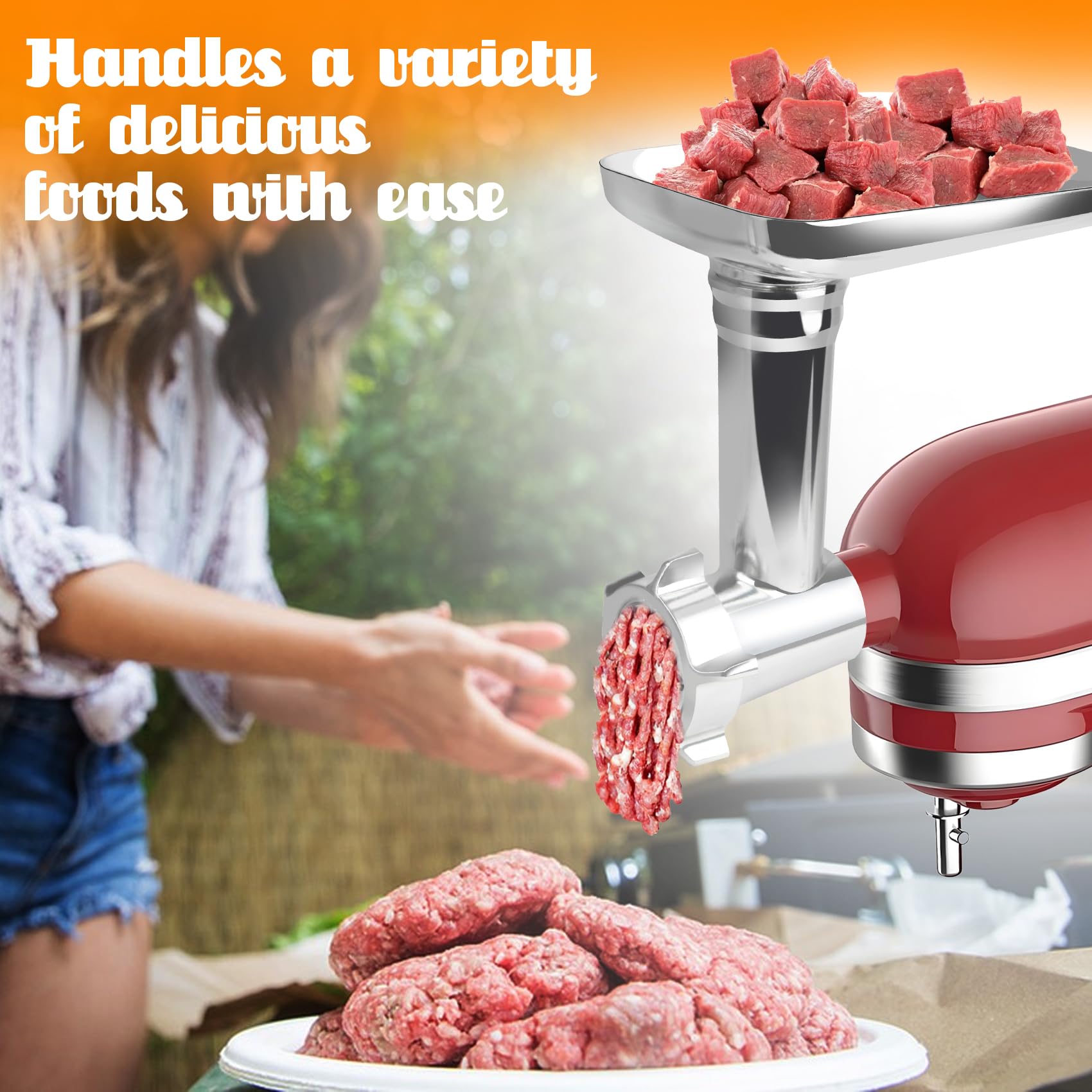 Metal Meat Grinder Attachment for Kitchen Aid Stand Mixers, Meat Grinder Attachment Replacement Includes 3 Sausage Stuffer Tubes, 4 Grinding Plates, 3 Grinding Blades, Screw, Front Cover