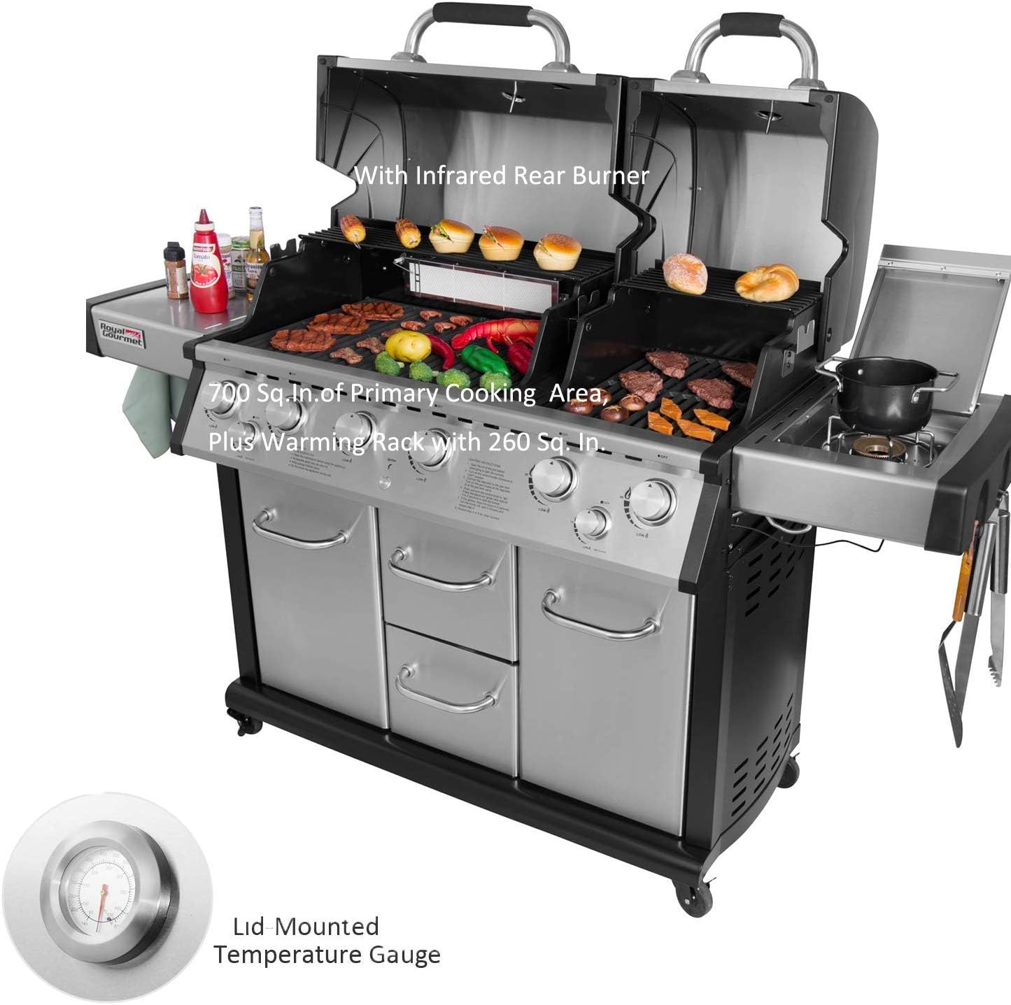 review Royal Gourmet MG6001-R-C 6 Cabinet Propane Infrared Burner Gas Grill, Stainless Steel