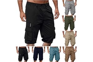 Mens Cargo Shorts Elastic Waistband Knee Length Pants Lightweight Quick Dry Outdoor Hiking Shorts with Zipper Pockets