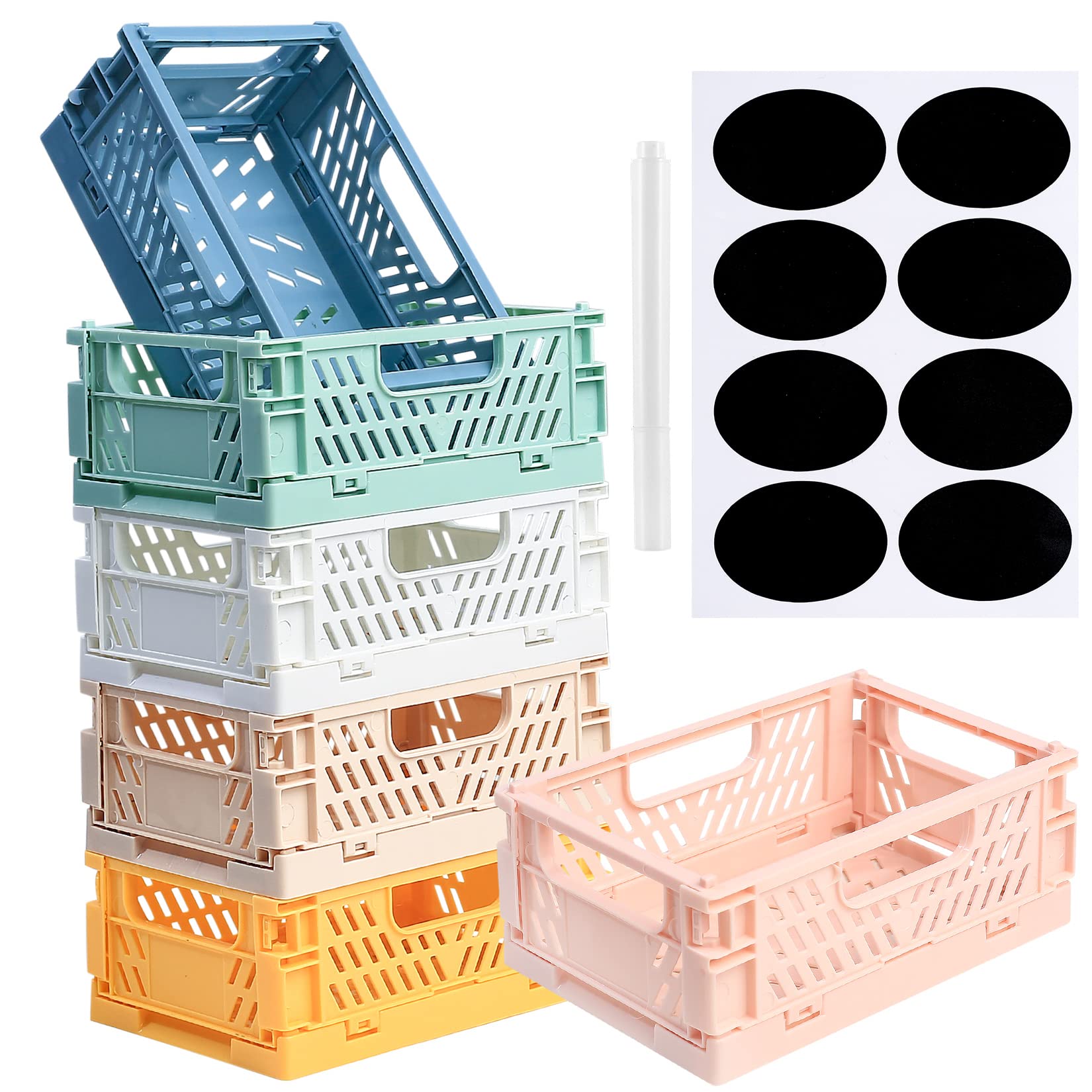 PIANKEKE 6 Pcs Mini Fodable Storage Baskets, Small Collapsible Storage Baskets, Plastic Stackable Boxes, Pastel Desktop Crates Organizer for Bedroom Office Home Kitchen Bathroom