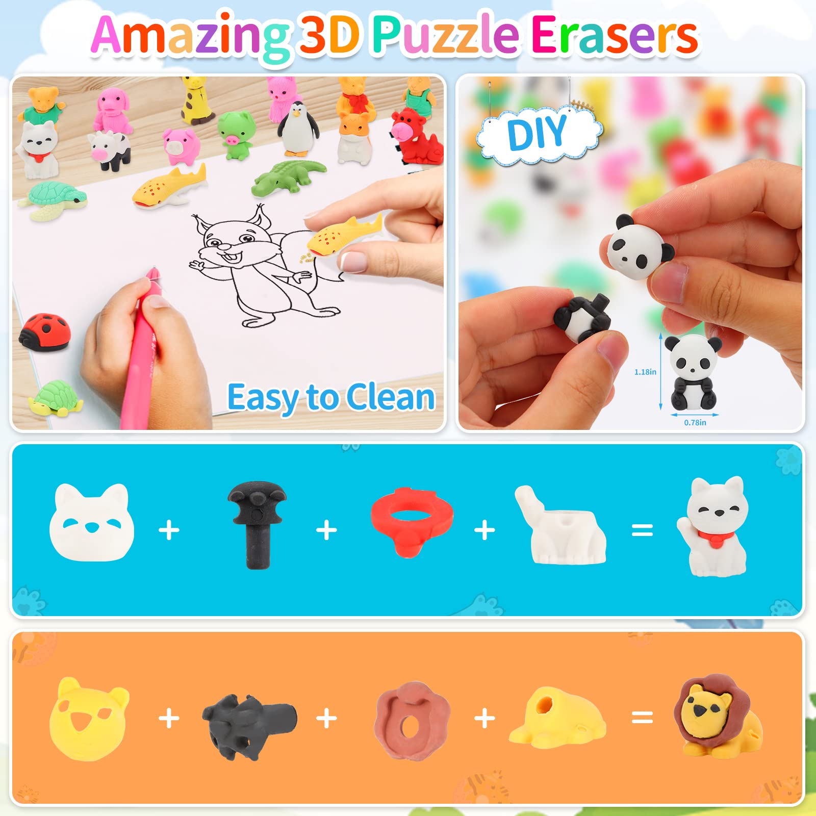 70Pcs Animal Erasers for Kids Desk Pets, 3D Take Apart Animal Pencil Erasers for Kids Classroom Rewards,Game Prizes,Treasure Box Party Favors, Back to School Supplies