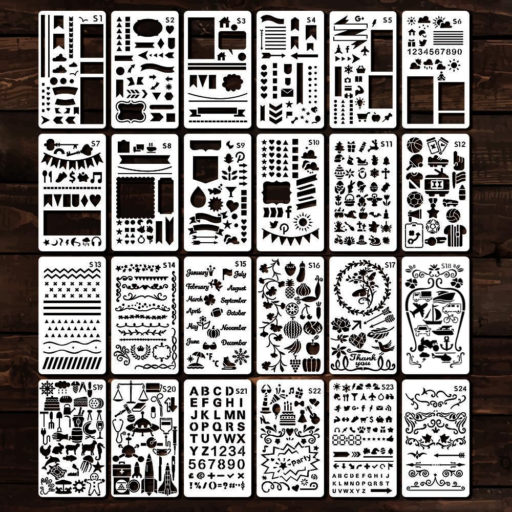 ONEBO 24 Sheets Hollow Painting Template,Mixed Stencils Kit, Journal Stencils,Reusable Painting Stencil,for Journal, Notebook, Scrapbook,Schedule,Art Projects(Milky White)