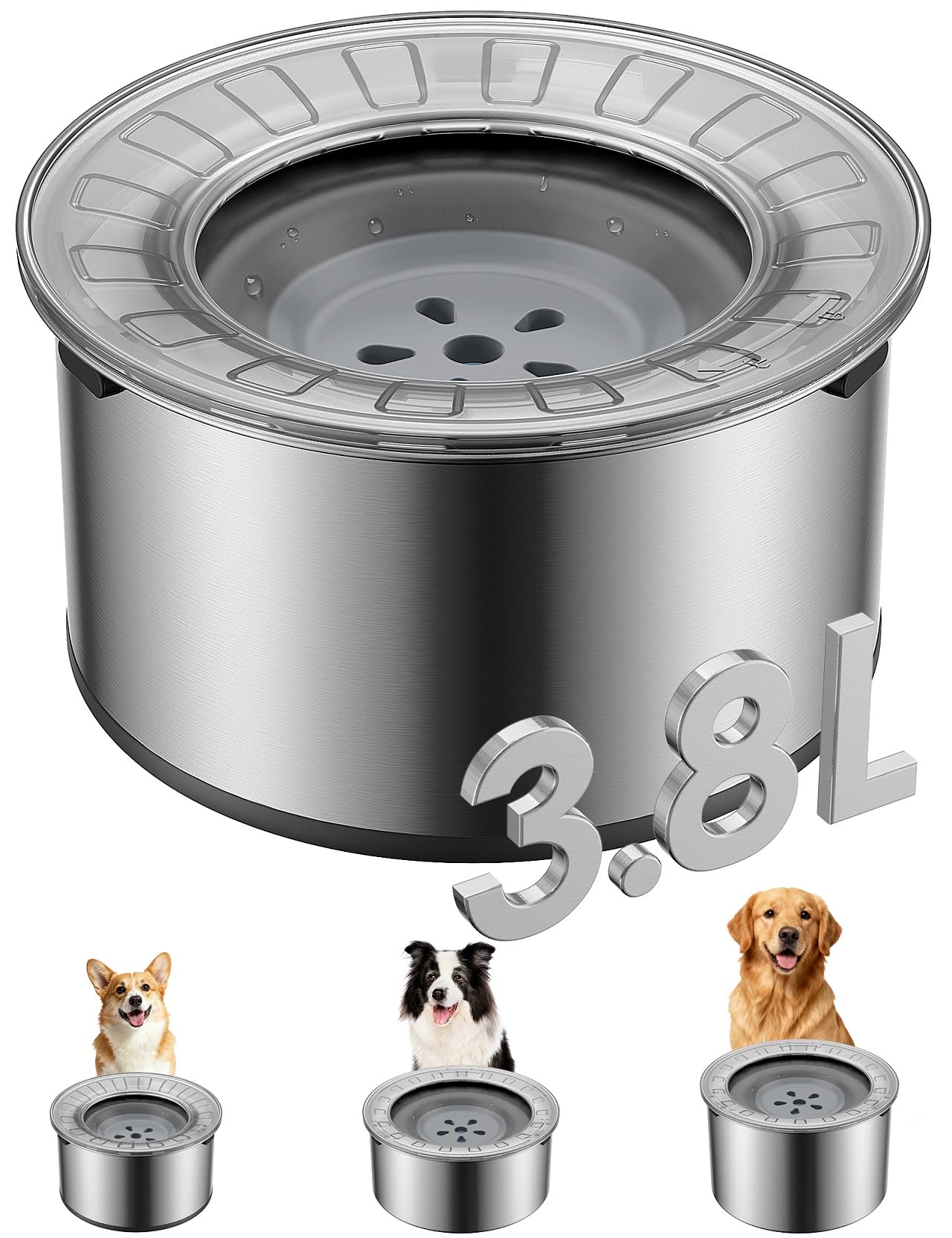 Photo 1 of Heouvo 1 Gallon Large Dog Water Bowl No Spill,?Anti Digging Lid & Rubber Bottom? Spill Proof Dog Bowl, Anti Splash Mess Dripless Slow Drinking Stainless Steel Water for Sloppy Messy Drinkers Car