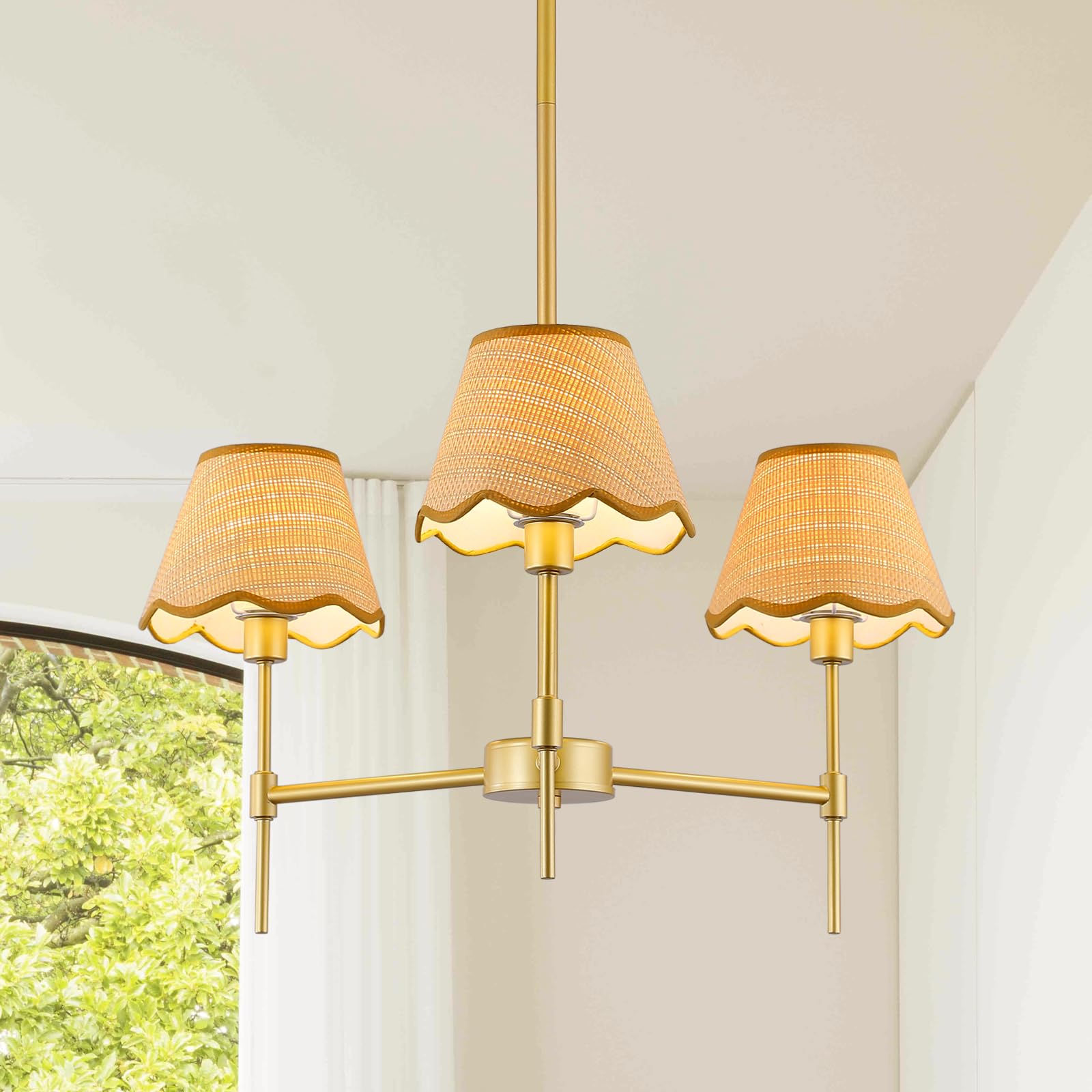 Photo 1 of 3WWWUEE Gold Farmhouse Chandelier 3-Light Boho Pendant Lamp with Rattan Shade 26‘’ Rustic Chandelier Light Fixture with Height Adjustable Hanging Pole for Dining Room, Living Room, Bedroom, E12 Base