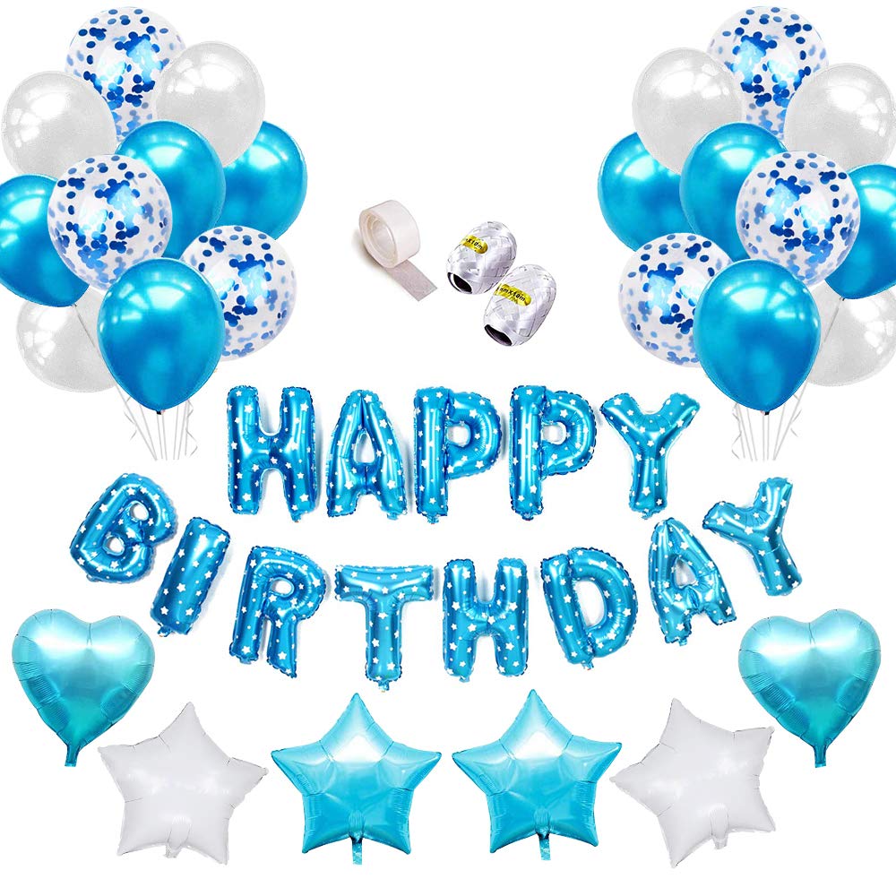 Bleu Specool Ballons En Latex Remplis De Confettis Ballon Joyeux Anniversaire Bleu Lettres Banniere Feuille Etoile Coeur Avec Rubans Pour Les Fournitures De Fete De Decoration Ballons De Baudruche Decorations