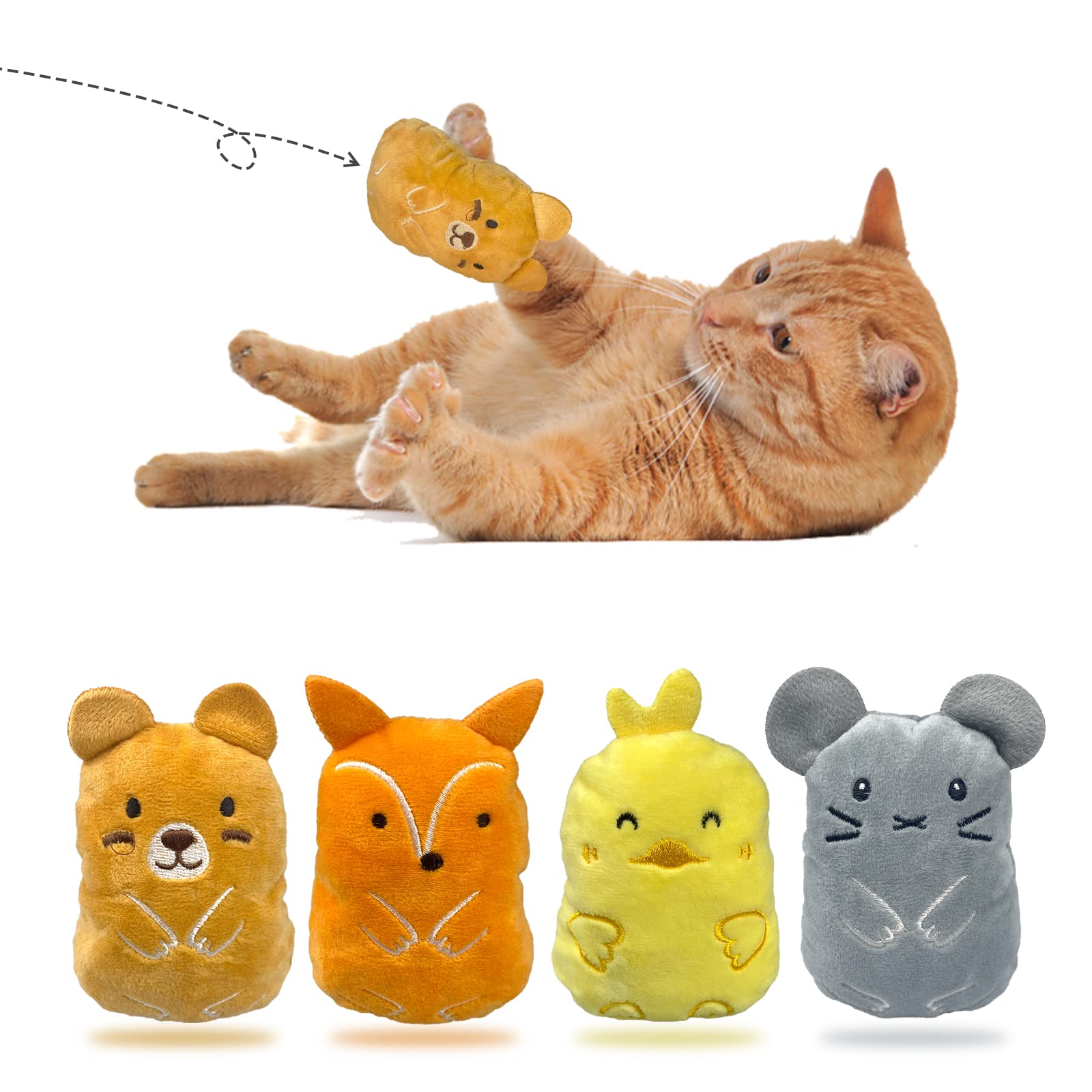 Andiker 4Pcs Catnip Toys for Cats, Interactive Cute Cartoon Kitten Toys Cat Toys for Indoor Cats Adult Kitten, Soft Plush Cat Chew Teething Toys for Playing Teeth Grinding Cleaning (Animal)