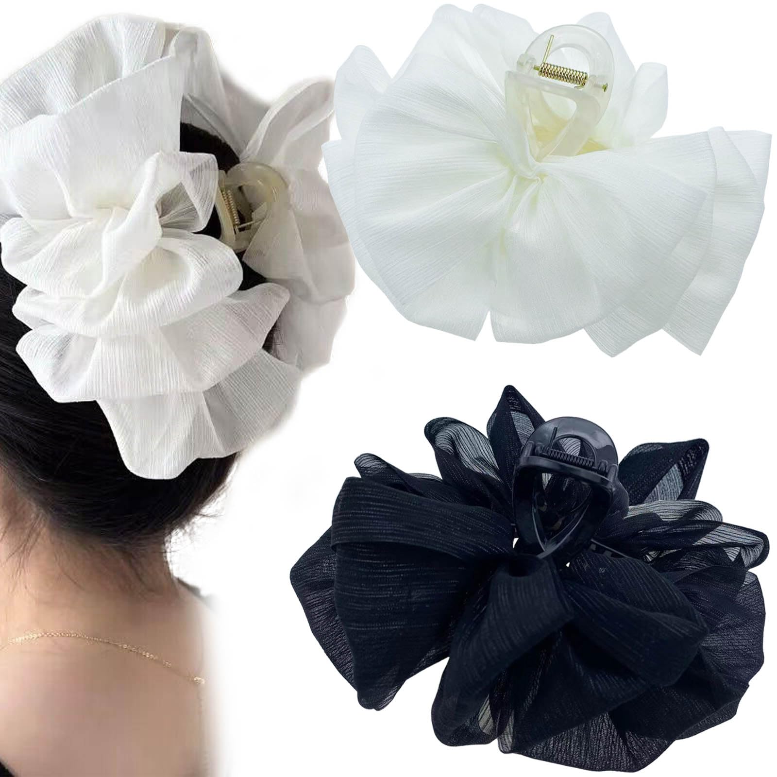 Photo 1 of 2 PCS Chiffon Silk Hair Claw Clips Large Bubble Hair Jaw Clips Bows Hair Clips Nonslip French Barrtette Hair Accessories for Women Girls
