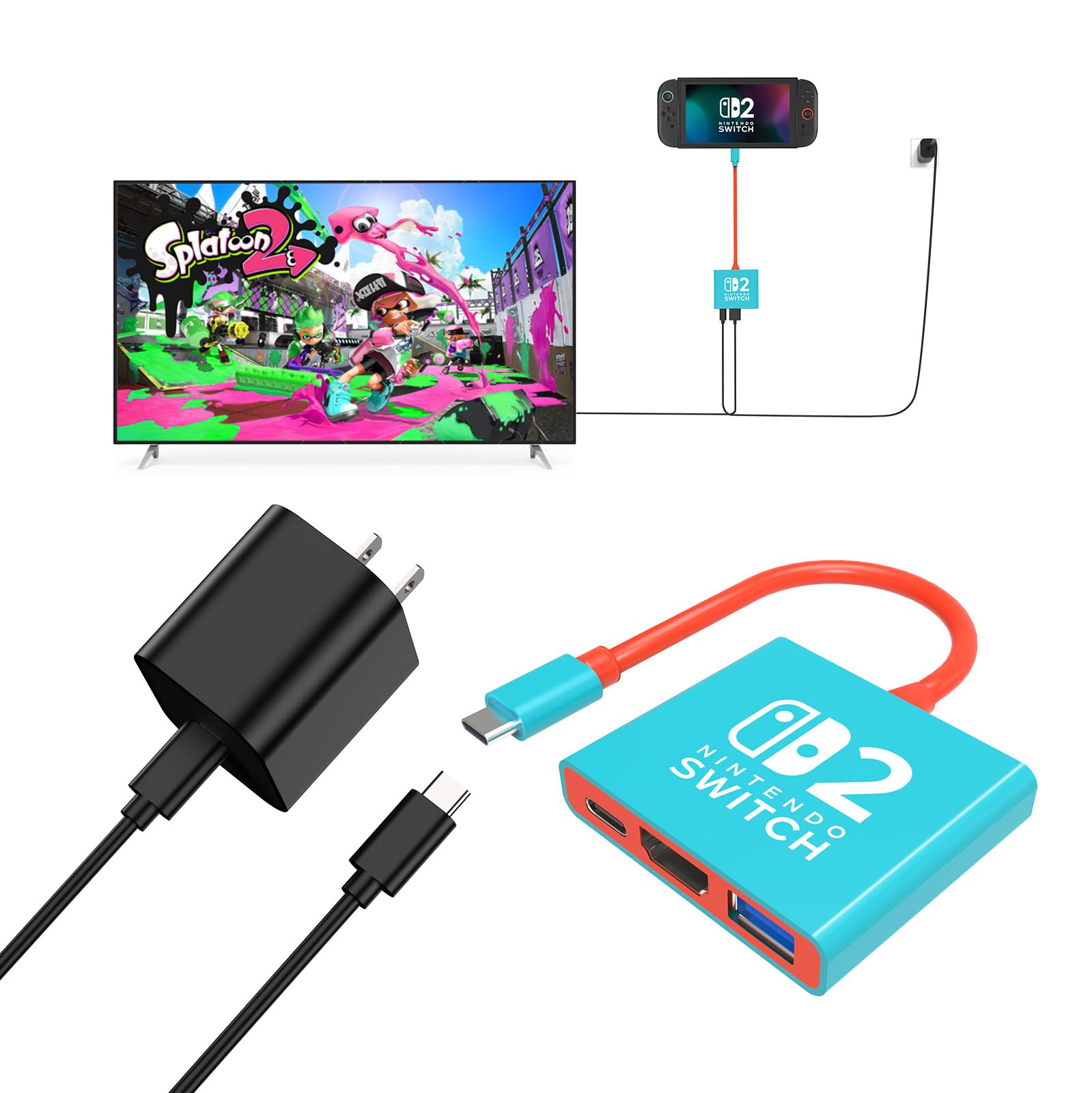 Fliresy Switch 2 Dock with 60W Switch 2 AC Adapter Replacement for Nintendo Switch 2 Dock Support 4K/60HZ Switch 2 TV Mode Compatible Nintendo Switch 2