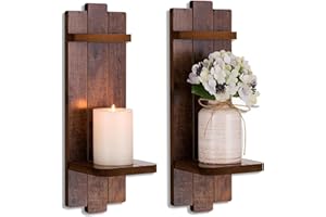 WALASIS Rustic Candle Holder Farmhouse Wall Decor - Brown Candle Sconces Set of Two Wooden Vintage Hanging Wall Decoration for Fireplace Mantel Living Room Bedroom Dining Room