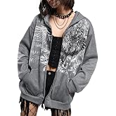Karwuiio Women Men Zip Up Hoodie Y2k Vintage Graphic Oversized Sweatshirt Jacket Pullover Coats Gothic Streetwear