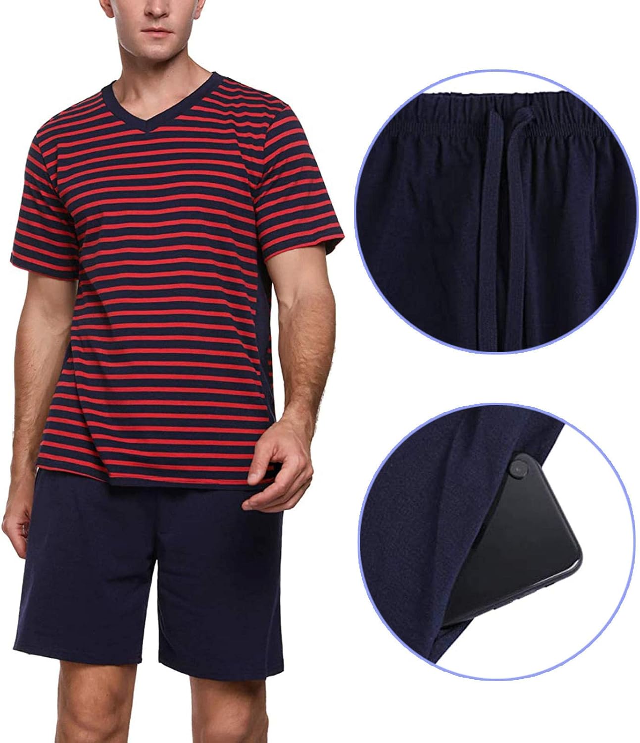 Men Sleepwear Sets,Men's Summer Pyjamas with Striped VNeck Two Piece