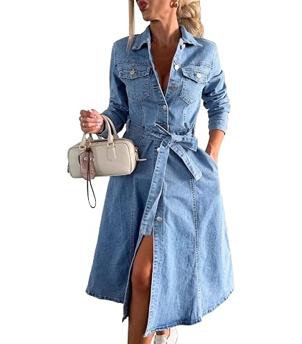 Women's Maxi Denim Dress Long Sleeve Lapel Button Long Jean Dress Fall Casual Denim Trench Coat Jacket,Blue,S at Amazon Women's Coats Shop