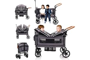 MRZLB Wagon Stroller for 2 Kids & Cargo-Push-Pull Double Baby Wagon Lightweight Travel Folding Stroller for Toddler with 5-Point Harness,Adjustable Handle Bar and Canopy,Tray Table,Cup Holder(