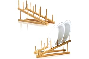 TIE-DailyNec 2 PCS Wooden Dish Rack Bamboo Drying Plate Rack Stand Pot Lid Holder Kitchen Cabinet Organizer for Dish Plate Bo