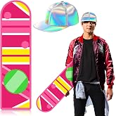 Zoooyawn 2 Pcs Halloween Cosplay Costume Set Silver Hat Skateboard | Halloween Cosplay Party Costume Supplies, Holographic Sliver Cap with Adjustable Strap, Pink Skateboard Prop