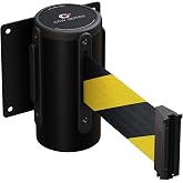 Crowd Control Warehouse WMB-125 Fixed Wall Mount Retractable Belt Barrier | CCW Series, 11-foot Black and Yellow Diagonal Stripes Belt with Black Steel Case.