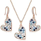 EVEVIC Austrian Crystals Heart Pendant Necklace Earrings Set for Women 14K Rose Gold Plated Drop Earrings Hypoallergenic Jewelry Set Gift for Birthday Anniversary Wedding