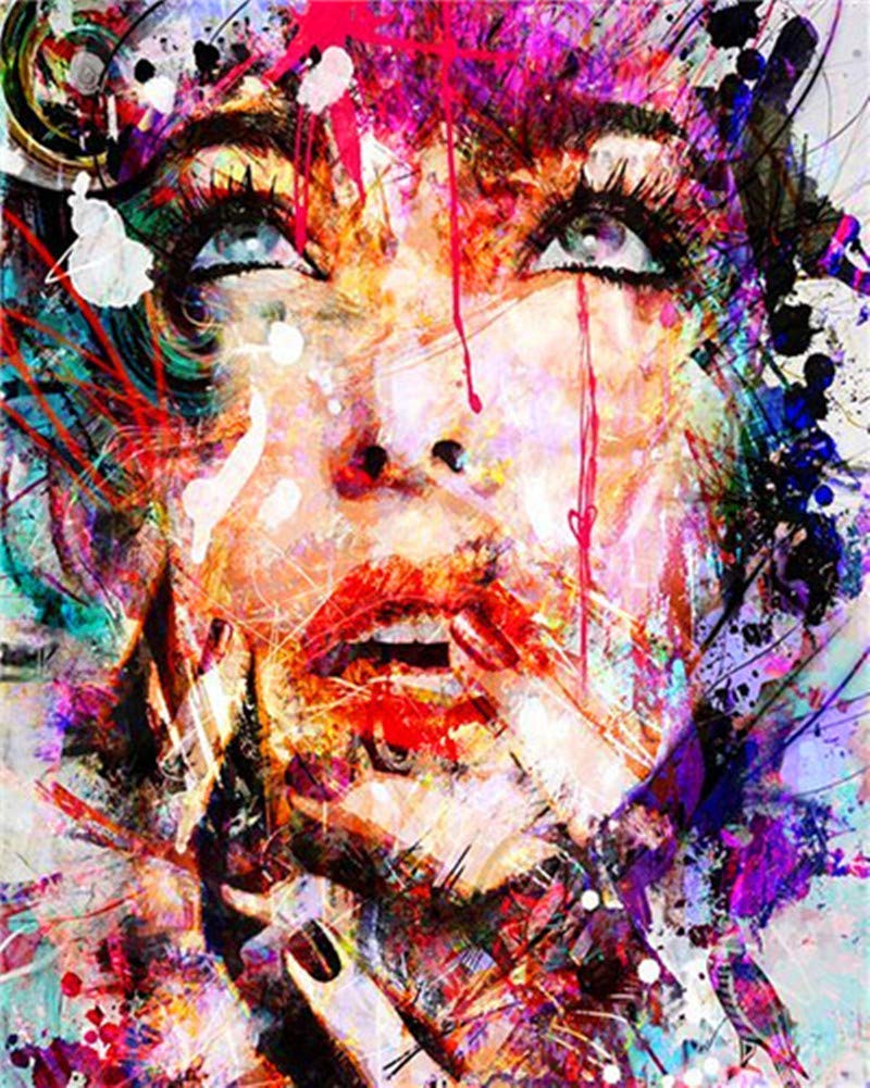 YEESAM ART Paint by Numbers for Adults Children, Abstract Paint Colorful Face of Woman 16x20 Inch Linen Canvas Acrylic DIY Number Painting Kits Wall Art Decor Gifts (Framed)