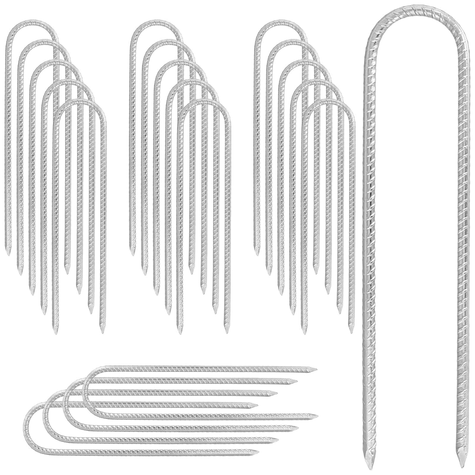 TAICHEUT 20 PCS 12 Inch U Shaped Rebar Stakes, Galvanized Steel Ground Rebar Stakes, Heavy Duty U Shaped Pegs for Garden Camping Tents Trampoline Swing Sets