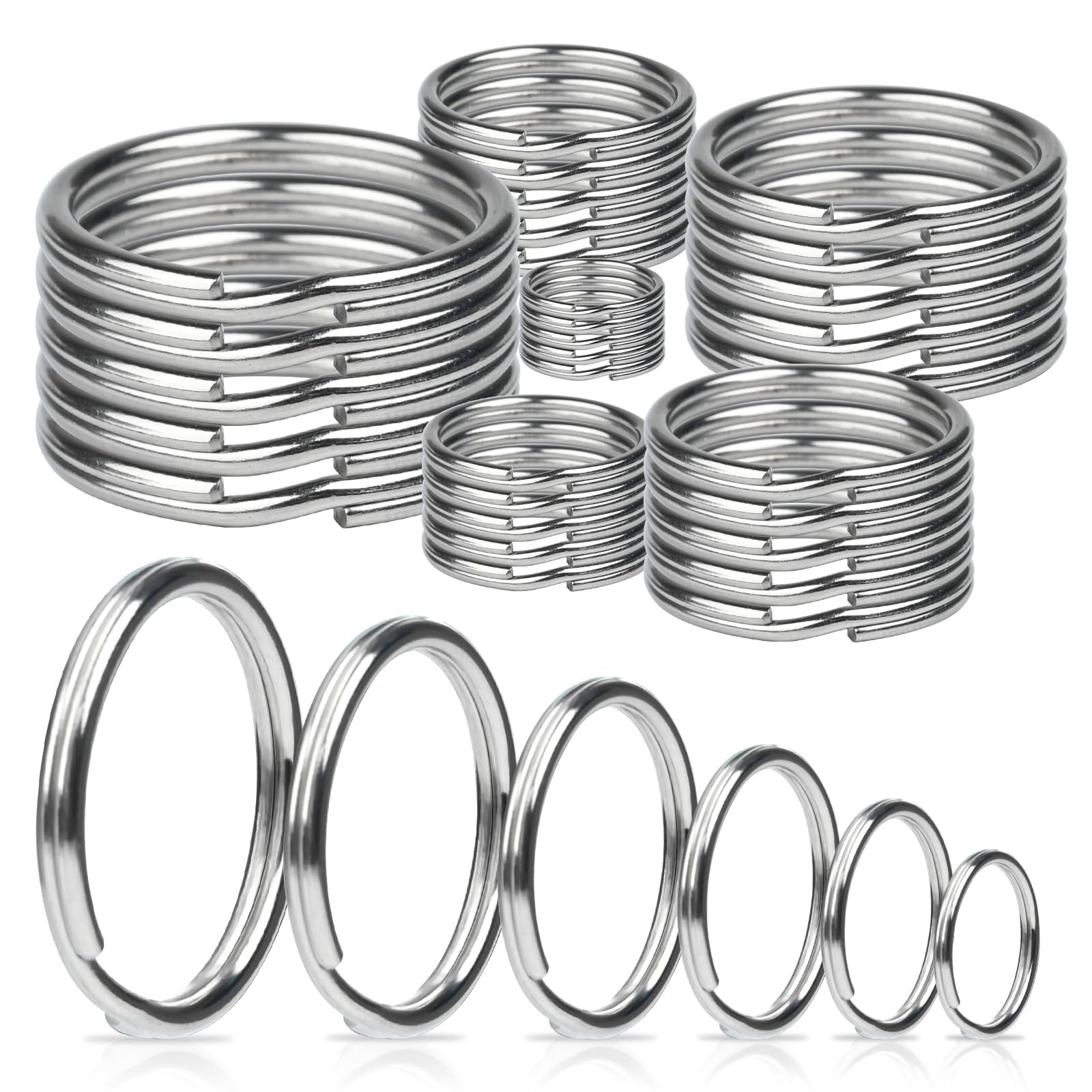 30 Pcs Key Ring Hoops (10/15/20/25/30/35mm Each 5), Round Silver Key Rings, Stainless Steel Split Rings, Metal Key Chain Ring for Keys Organization, Craft and DIY Arts