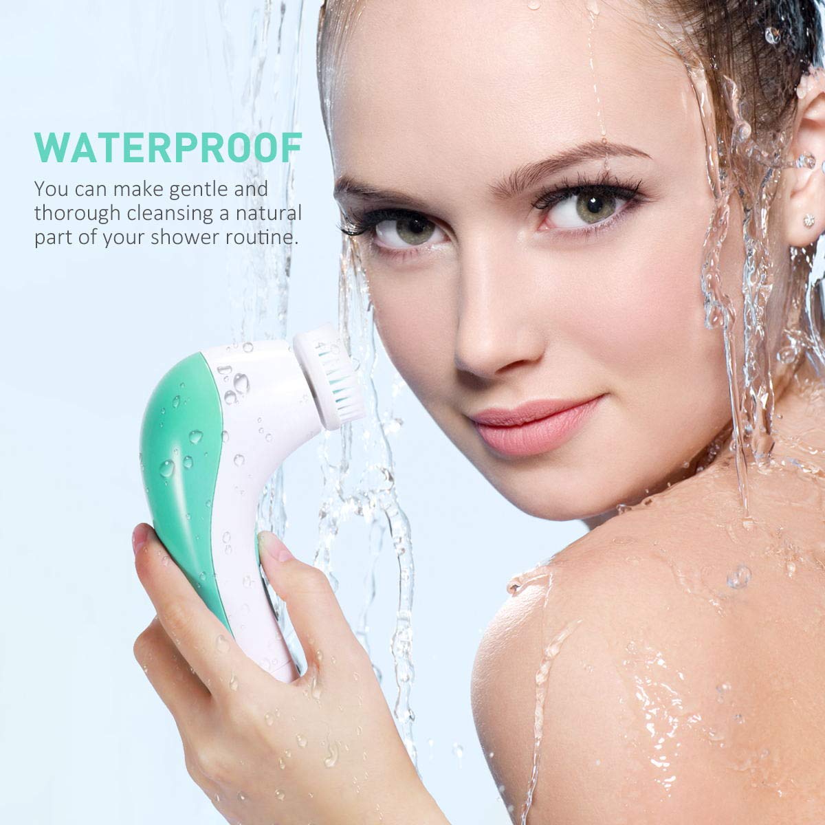 Facial Cleansing Brush,【2021 Upgraded】ETEREAUTY Waterproof Travel Face Brush with 4 Heads & Protective Case, Easy to Carry, Deep Cleansing Gentle Exfoliating for Face and Body, Cyan: Beauty