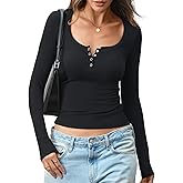 EasyGala Womens Cotton Long Sleeve Henley Shirts Sexy Scoop Neck Basic Tops Slim Fit Tshirts Spring Fashion Outfits 2026