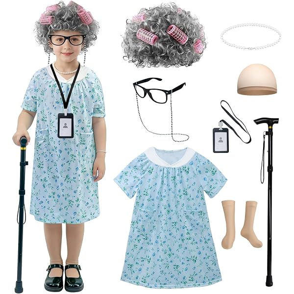 Amazon.com: ReliBeauty 100 Days of School Old Lady Costume for Girls,  Grandma Dress Up Outfit with Wig and Glasses, 110 : Clothing, Shoes &  Jewelry